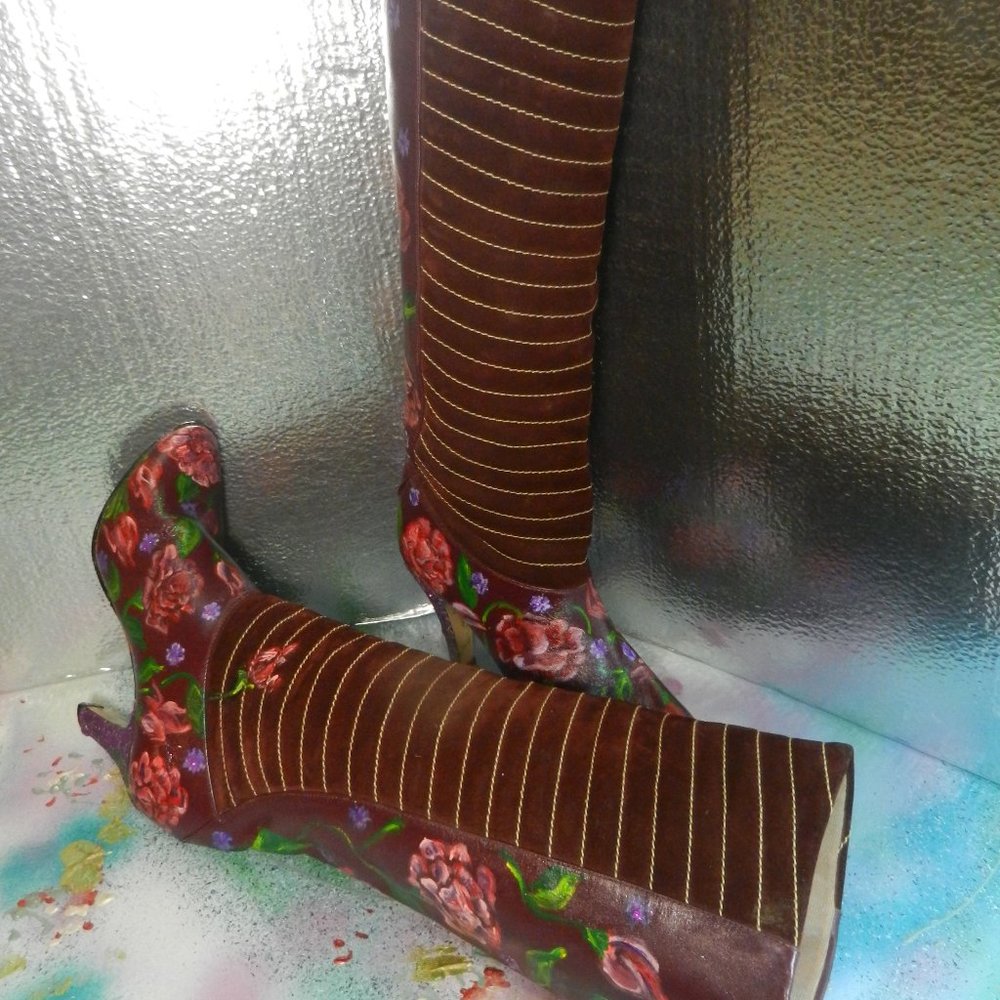 VTG OOAK floral suede boots Never Promised You a Rose Garden burgundy leather - Picture 3 of 16